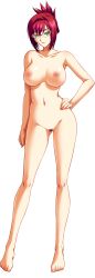 Rule 34 | 1girl, barefoot, bishop (company), breasts, cleavage, contrapposto, female pubic hair, full body, glasses, green eyes, hair up, hand on own hip, highres, kagami hirotaka, kyouiku shidou, large breasts, looking at viewer, midou eriko, mole, mole under eye, nude, pubic hair, red hair, solo, standing, transparent background, uncensored