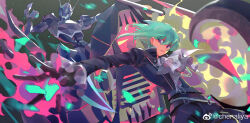 Rule 34 | 1boy, ascot, beckoning, belt, biker clothes, black gloves, black jacket, body armor, chenalii, chinese commentary, closed mouth, commentary request, fire, gloves, green fire, green hair, half gloves, highres, jacket, lio fotia, male focus, multiple belts, outstretched hand, promare, purple eyes, purple fire, pyrokinesis, watermark, weibo logo, weibo watermark