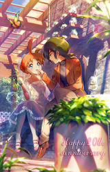 Rule 34 | 1boy, 1girl, :o, ahiru (princess tutu), ahoge, anniversary, artist name, blue eyes, blush, braid, brown footwear, brown pants, bug, butterfly, cloud, collarbone, commentary, couple, day, double scoop, dress, english commentary, eye contact, fakir (princess tutu), food, frilled dress, frills, green hair, hand on another&#039;s face, hetero, highres, holding, holding food, huge ahoge, ice cream, ice cream cone, insect, jacket, kaze-hime, ladybug, lens flare, long sleeves, looking at another, low ponytail, orange hair, outdoors, pants, pantyhose, parfait, pink footwear, plant, ponytail, potted plant, princess tutu, revision, see-through, see-through sleeves, shelf, shoes, sitting, stone wall, vines, wall, white dress, yellow eyes