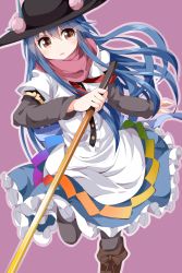 Rule 34 | 1girl, apron, bad id, bad twitter id, black hat, blouse, blue hair, blush, bow, brown eyes, brown footwear, buttons, cross-laced footwear, dress shirt, food, frills, fruit, hat, highres, hinanawi tenshi, layered sleeves, leaf, long hair, long sleeves, pantyhose, peach, pink background, puffy short sleeves, puffy sleeves, rainbow gradient, rainbow order, red bow, ribbon, ruu (tksymkw), shirt, shoes, short over long sleeves, short sleeves, simple background, solo, sword of hisou, touhou, weapon, white shirt