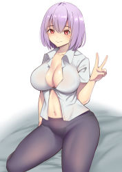 Rule 34 | 1girl, absurdres, arm at side, black panties, breasts, cleavage, closed mouth, collared shirt, commentary, gridman universe, hand up, highres, large breasts, looking at viewer, navel, panties, panties under pantyhose, pantyhose, purple hair, purple pantyhose, red eyes, shinjou akane, shirt, short hair, sitting, smile, solo, ssss.gridman, underwear, v, white-framed eyewear, xllam