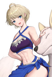 Rule 34 | 1girl, abs, ahoge, armpit crease, blonde hair, blue eyes, blush, breasts, cleavage, fire emblem, fire emblem engage, gonzarez, hand on own hip, highres, large breasts, medium breasts, merrin (fire emblem), navel, nintendo, petting, simple background, smile, white background, wolf