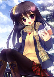 Rule 34 | 1girl, :d, absurdres, bag, black pantyhose, blazer, book, boots, brown hair, cat hair ornament, cloud, day, fang, hair ornament, hairclip, highres, jacket, knee boots, nanaka mai, one side up, open book, open mouth, pantyhose, plaid, plaid scarf, plaid skirt, purple eyes, railing, scarf, school uniform, scrunchie, sitting, skirt, sky, smile, snow, sweater vest