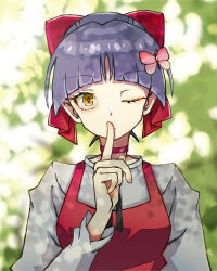 Rule 34 | 1girl, black ribbon, blurry, blurry background, bow, bug, butterfly, butterfly hair ornament, choker, dress, finger to mouth, gegege no kitarou, hair bow, hair ornament, insect, nekomusume, nekomusume (gegege no kitarou 6), one eye closed, osakanaotoko, pinafore dress, pink butterfly, purple hair, red bow, red choker, red dress, ribbon, sleeveless dress, solo, yellow eyes
