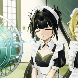 2girls :&lt; apron black_dress black_hair blonde_hair blunt_bangs blurry blurry_background cleavage_cutout closed_eyes closed_mouth clothing_cutout collarbone dot_nose dress electric_fan frilled_apron frills fusuma hair_intakes highres iwonu long_hair maid maid_headdress multiple_girls original out_of_frame puffy_short_sleeves puffy_sleeves short_sleeves sliding_doors solo_focus tatami twintails v_arms white_apron