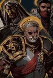 Rule 34 | 3boys, armor, beard, brown outline, character request, darkest dungeon, dopey (dopq), eyepatch, facial hair, full beard, halo, highres, highwayman (darkest dungeon), knight, male focus, mature male, multiple boys, old, old man, pauldrons, red sash, sash, short hair, shoulder armor, shoulder sash, skull print, thick eyebrows, thick mustache, upper body