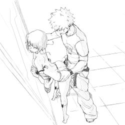 Rule 34 | 1boy, 1girl, against wall, ass, bakugou katsuki, barefoot, blush, boku no hero academia, bra, breasts, clothes pull, from above, greyscale, hetero, highres, jacket, jewelry, jirou kyouka, kneehighs, krumbs (dailykrumbs), lower teeth only, monochrome, necklace, one eye closed, open bra, open mouth, pants, pants pull, print shirt, sex, sex from behind, shirt, short hair, socks, standing, standing sex, teeth, underwear