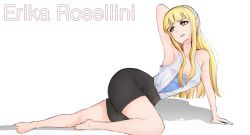 Rule 34 | 1girl, absurdres, armpits, arms behind head, asutoia, bare legs, barefoot, black shorts, blonde hair, breasts, cleavage, earrings, erika rosellini, feet, headband, highres, jewelry, layered clothes, long hair, short shorts, shorts, sweat, yellow eyes