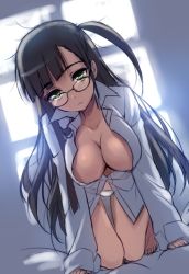 Rule 34 | 1girl, all fours, black-framed eyewear, black hair, breasts, closed mouth, collared shirt, commentary, glasses, green eyes, grey shirt, indoors, large breasts, long hair, looking at viewer, on bed, one side up, original, panties, romaji commentary, shirt, sitting, solo, thigh gap, tonee, underwear, white panties, window