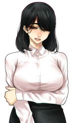 Rule 34 | 1girl, arm grab, black hair, black skirt, blouse, bralines, breasts, brown eyes, collared shirt, hair over one eye, head tilt, highres, hoshi san 3, large breasts, long sleeves, looking at viewer, medium hair, office lady, one eye covered, original, parted lips, pencil skirt, shirt, simple background, skirt, solo, upper body, white background, white shirt, wing collar