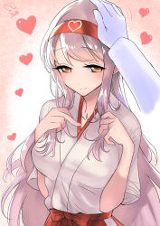Rule 34 | 1girl, admiral (kancolle), blush, breasts, closed mouth, gloves, gradient background, hairband, hakama, hakama short skirt, hakama skirt, headband, headpat, japanese clothes, jewelry, kantai collection, kimono, large breasts, long hair, red hakama, ring, sensen, shoukaku (kancolle), skirt, smile, underwear, wedding band, wedding ring, white gloves, white hair, white kimono