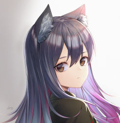Rule 34 | 1girl, absurdres, animal ear fluff, animal ears, anson jun, arknights, brown eyes, closed mouth, colored inner hair, dated, frown, gloves, grey background, hair between eyes, highres, long hair, looking at viewer, looking back, multicolored hair, portrait, purple hair, signature, solo, texas (arknights), two-tone hair