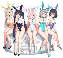 Rule 34 | 4girls, :d, ^ ^, absurdres, ahoge, alternate costume, animal ear fluff, animal ears, ayane (blue archive), bare shoulders, black hair, blue archive, blue eyes, blue necktie, blunt bangs, braid, breaaad, breasts, brown eyes, cat ears, cat girl, cleavage, closed eyes, collarbone, commentary, cross hair ornament, crown braid, detached collar, english commentary, fake animal ears, full body, green eyes, grey hair, hair between eyes, hair bun, hair ornament, highleg, highleg leotard, highres, hoshino (blue archive), large breasts, leotard, long hair, looking at viewer, medium breasts, medium hair, mismatched pupils, mixed-language commentary, multiple girls, necktie, nonomi (blue archive), one side up, open mouth, pink eyes, playboy bunny, pointy ears, rabbit ears, red eyes, serika (blue archive), shiroko (blue archive), short hair, sidelocks, simple background, single braid, single side bun, sitting, sleeveless, small breasts, smile, strapless, strapless leotard, twintails, white background, wolf ears, wolf girl