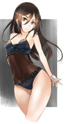 Rule 34 | 1girl, absurdres, arched back, black background, black hair, black one-piece swimsuit, blush, cawang, collarbone, competition swimsuit, cowboy shot, from side, frown, hair between eyes, head tilt, highres, looking at viewer, morag ladair (obligatory leave) (xenoblade), morag ladair (xenoblade), nintendo, one-piece swimsuit, outside border, solo, standing, swimsuit, thighs, v-shaped eyebrows, white background, xenoblade chronicles (series), xenoblade chronicles 2, yellow eyes
