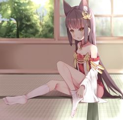 Rule 34 | 1girl, absurdres, animal ear fluff, animal ears, azur lane, bare shoulders, blush, breasts, brown eyes, brown hair, dress, feet, fox ears, from side, full body, hair ornament, highres, indoors, innofance, jewelry, knee up, kneehighs, kneepits, legs, long hair, looking at viewer, nagato (azur lane), necklace, no tail, on floor, red dress, see-through, short dress, sitting, small breasts, socks, soles, solo, strapless, strapless dress, tatami, thighs, toes, tree, white socks, window