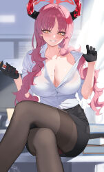 Rule 34 | 1girl, absurdres, artist name, black gloves, black horns, black skirt, blue archive, blurry, blurry background, breasts, brown pantyhose, cleavage, clenched teeth, clothes pull, collarbone, collared shirt, day, fangs, gloves, halo, highres, horns, huge breasts, indoors, light blush, long hair, looking at viewer, mole, mole on breast, multicolored horns, no bra, office, open clothes, open shirt, pantyhose, partially unbuttoned, pink hair, pulling own clothes, red horns, satsuki (blue archive), shirt, shirt pull, sitting, sitting on table, skirt, smile, solo, teeth, thighband pantyhose, thighs, tomid, two-tone horns, white shirt, yellow eyes