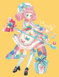 Rule 34 | 1girl, :d, apron, argyle, argyle clothes, argyle legwear, asymmetrical legwear, black footwear, blue bow, blue eyes, blue flower, blue nails, blue rose, bow, bug, butterfly, candy, checkered clothes, checkered legwear, colorful, drill hair, flower, food, food-themed clothes, full body, gem, green eyes, hat, high heels, highres, insect, jar, jewelry, kneehighs, long sleeves, mary janes, mismatched legwear, nail polish, open mouth, original, over-kneehighs, personification, pink bow, pink flower, pink hair, pink nails, pink rose, pocketland, polka dot, rose, shoes, short hair, single thighhigh, smile, socks, spoon, staff, standing, striped bow, striped clothes, striped socks, striped thighhighs, thighhighs, twin drills, uekura eku, vertical-striped clothes, vertical-striped thighhighs, yellow bow