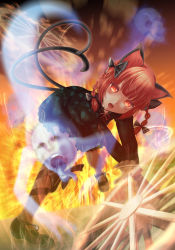 Rule 34 | 1girl, animal ears, braid, cat ears, cat tail, dress, fire, full body, ghost, glowing, glowing eyes, gradient background, green dress, hair ribbon, highres, juliet sleeves, kaenbyou rin, leg ribbon, long sleeves, long tongue, looking at viewer, mary janes, multiple tails, open mouth, puffy sleeves, red eyes, red hair, ribbon, shoes, short hair, shounen (hogehoge), solo, standing, standing on one leg, tail, teeth, tongue, tongue out, touhou, tress ribbon, twin braids, wheel