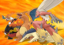 Rule 34 | 00s, 10s, 1990s (style), blaziken, charizard, claws, creature, creatures (company), emboar, epic, fangs, fire, furry, game freak, gen 1 pokemon, gen 2 pokemon, gen 3 pokemon, gen 4 pokemon, gen 5 pokemon, infernape, kajipon, nintendo, open mouth, orange background, pokemon, pokemon (creature), pokemon bw, pokemon dppt, pokemon gsc, pokemon rgby, pokemon rse, red eyes, retro artstyle, simple background, standing, teeth, tongue, typhlosion