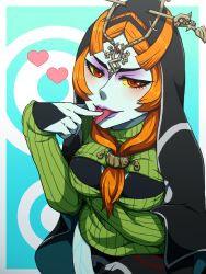 Rule 34 | 1girl, blue skin, breasts, colored sclera, colored skin, licking finger, heart, licking, lipstick, makeup, meme attire, midna, midna (true), nintendo, open-chest sweater, orange hair, red eyes, solo, spoilers, sweater, the legend of zelda, the legend of zelda: twilight princess, tongue, tongue out, yaruse nai (minri), yellow sclera