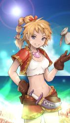 Rule 34 | 1girl, bandages, blonde hair, blue eyes, breasts, chrono cross, facial mark, gloves, gurugurere, high ponytail, highres, jewelry, kid (chrono cross), knife, long hair, looking at viewer, midriff, multi-tied hair, navel, necklace, ponytail, skirt, smile, solo, vest