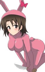 Rule 34 | 1girl, absurdres, aikir (jml5160), anglerfish costume, blush, bow, breasts, brown eyes, brown hair, embarrassed, girls und panzer, highres, kneeling, knife, large breasts, light smile, looking at viewer, pink bow, sawa azusa, short hair, skin tight, solo, white background