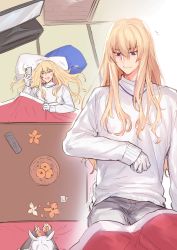 Rule 34 | 1boy, 1girl, androgynous, animal ears, bishounen, blonde hair, caenis (fate), cellphone, fate/grand order, fate (series), food, from above, fruit, gloves, highres, indoors, kirschtaria wodime, kotatsu, long hair, lying, male focus, mandarin orange, on back, phone, sabamori, smartphone, table, television, white gloves, white hair