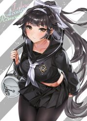 Rule 34 | 1girl, azur lane, bag, black hair, black pantyhose, black sailor collar, black serafuku, black shirt, black skirt, blush, bow, breasts, brown eyes, closed mouth, commentary request, cowboy shot, hair bow, hair flaps, holding, holding bag, large breasts, legs together, long hair, long sleeves, looking at viewer, neckerchief, pantyhose, pleated skirt, ponytail, sailor collar, school uniform, serafuku, shirt, skirt, smile, solo, standing, takao (azur lane), takao (school romanza) (azur lane), very long hair, white bow, white neckerchief, yanyo (ogino atsuki)