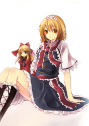 Rule 34 | 1girl, alice margatroid, arm support, bad id, bad pixiv id, blonde hair, blue eyes, boots, capelet, cross-laced footwear, doll, dress, female focus, hair ribbon, hijiri (resetter), hiz (pixiv), knee boots, lace-up boots, long hair, mini person, minigirl, on floor, orange eyes, ribbon, shanghai doll, short hair, sitting, smile, solo, staring, touhou