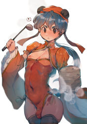 Rule 34 | !, 1boy, absurdres, alternate costume, animal hat, bamboo steamer, black thighhighs, blue hair, blush, bulge, byefrog, chinese clothes, commentary, covered navel, crossdressing, detached sleeves, fire emblem, fire emblem: genealogy of the holy war, frilled sleeves, frills, hand up, hat, highres, holding, holding ladle, ladle, leotard, long hair, low ponytail, male focus, nintendo, nipple slip, nipples, pectoral cleavage, pectorals, puffy nipples, red leotard, seliph (fire emblem), shiny skin, skindentation, solo, standing, symbol-only commentary, thighhighs, thighs, trap, white background, wide sleeves