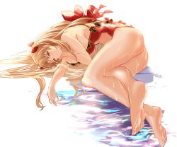 Rule 34 | 1girl, absurdres, ass, blonde hair, breasts, ereshkigal (fate), artistic error, fate/grand order, fate (series), highleg, highleg swimsuit, highres, large breasts, legs, long hair, looking at viewer, lying, navel, on side, one-piece swimsuit, parted bangs, red eyes, red one-piece swimsuit, simple background, swimsuit, thighs, two side up, very long hair, wet, white background, yatsuka (846)