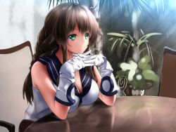 Rule 34 | 10s, 1girl, bad id, bad twitter id, blush, braid, breasts, brown hair, chair, gloves, green eyes, interlocked fingers, kantai collection, large breasts, long hair, midoriiro no shinzou, noshiro (kancolle), own hands clasped, own hands together, plant, school uniform, serafuku, sitting, solo, swept bangs, table, white gloves