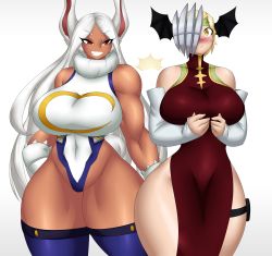 Rule 34 | 2girls, absurdres, ass, ass grab, bare shoulders, blonde hair, blush, boku no hero academia, breasts, covered collarbone, covered navel, curvy, detached sleeves, dress, gloves, hand on own hip, highres, huge ass, huge breasts, kyelyn, leotard, long hair, mirko, multiple girls, muscular, muscular female, one eye covered, rabbit ears, rabbit girl, rabbit tail, red dress, red eyes, ryuukyuu, short hair, sleeveless, smile, spanking, surprised, tatsuma ryuuko, thick thighs, thigh strap, thighhighs, thighs, white background, white gloves, white hair, wide hips, yellow eyes, yuri