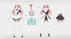 Rule 34 | 1girl, breasts, bridal garter, character sheet, dress, gloves, green eyes, high heels, highres, long hair, maid, medium breasts, miniskirt, multiple views, original, pink hair, skirt, smile (mm-l), thigh strap, thighhighs, thighs, twintails, white gloves, white thighhighs
