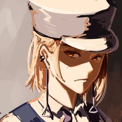 Rule 34 | 1girl, absurdres, blonde hair, chainsaw man, commentary, ear piercing, earrings, fami (chainsaw man), fourth east high school uniform, frown, hat, highres, jewelry, medium hair, mole, piercing, portrait, ronillust, school uniform, shaded face, solo, yellow eyes
