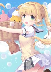Rule 34 | 1girl, :d, basket, blonde hair, blush, breasts, commentary request, cowboy shot, floating clothes, floating hair, green eyes, hair between eyes, hair intakes, happy, highres, holding, holding basket, hoshimame mana, long hair, looking at viewer, miniskirt, open mouth, puffy short sleeves, puffy sleeves, sailor collar, school uniform, short sleeves, sidelocks, simple background, skirt, small breasts, smile, soap, soap bubbles, solo, sparkle, standing, stuffed toy, summer pockets, sweater vest, tareme, tsumugi wenders, twintails, white sailor collar, white skirt, yellow sweater vest