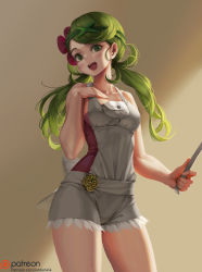 Rule 34 | 1girl, bare arms, bare shoulders, blush, breasts, collarbone, commentary request, cowboy shot, creatures (company), flower, game freak, green eyes, hair flower, hair ornament, hand on hand, head tilt, holding, ladle, letdie1414, long hair, looking at viewer, low twintails, mallow (pokemon), medium breasts, nintendo, open mouth, overalls, patreon logo, patreon username, pink skirt, pokemon, pokemon sm, shirt, skirt, sleeveless, sleeveless shirt, solo, standing, teeth, trial captain, twintails, watermark, web address