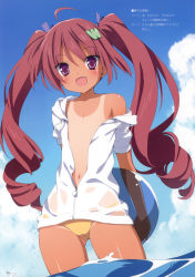 Rule 34 | 1girl, :d, absurdres, ahoge, ball, bare shoulders, beachball, bikini, blush, cloud, fang, female focus, flat chest, hair ornament, hair ribbon, hazuki watora, highres, holding, hood, hoodie, jacket, jacket over swimsuit, kani biimu, long hair, looking at viewer, navel, off shoulder, one-piece tan, open mouth, original, purple eyes, red hair, ribbon, scan, shochuumimai, sky, smile, solo, swimsuit, tan, tanline, translated, twintails, two side up, very long hair, wading, water, wet