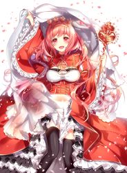 Rule 34 | 1girl, :d, arm up, bad id, bad pixiv id, black thighhighs, breasts, cherry blossoms, cleavage, dress, hair ornament, highres, holding, homarerererere, long hair, looking at viewer, medium breasts, open mouth, pink hair, rasis, red dress, red eyes, smile, solo, sound voltex, sound voltex ii infinite infection, sound voltex iii gravity wars, standing, thighhighs, white background