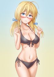 Rule 34 | 1girl, ahoge, anti (untea9), bare arms, bare legs, bare shoulders, bikini, black bikini, blonde hair, blue background, blue eyes, blush, breasts, cleavage, closed mouth, collarbone, cowboy shot, glasses, gradient background, hair between eyes, highres, i-8 (kancolle), kantai collection, large breasts, long hair, navel, red-framed eyewear, semi-rimless eyewear, solo, swimsuit, yellow background