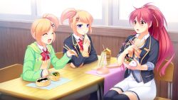 Rule 34 | 3girls, black legwear, blonde hair, blush, bow, breasts, brown eyes, chair, cleavage, closed mouth, collarbone, drink, ds9 debate school nine, eating, closed eyes, female focus, food, game cg, hair ornament, hair ribbon, hairclip, jado soft, kujou makoto, long hair, long sleeves, looking at another, looking at viewer, mochizuki an, multiple girls, oomae yuina, oomae yuuna, open mouth, paper, ponytail, purple eyes, purple hair, red bow, red hair, ribbon, school uniform, short hair, siblings, side ponytail, sisters, sitting, skirt, sleeves rolled up, smile, table, thighhighs, twins, upper body, wallpaper, white skirt, yellow bow, yellow ribbon, zettai ryouiki