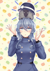 Rule 34 | 1girl, arms up, black sheep, black shirt, blue coat, blue eyes, blue hair, blue nails, blush, bow, breasts, buttons, coat, collared coat, commentary request, cuffs, curly hair, double-breasted, gotland (kancolle), hat, hat bow, kantai collection, long hair, looking up, medium breasts, military, military uniform, mole, mole under eye, nail art, nail polish, on head, patterned background, ryu-akt, sheep, shirt, uniform