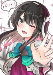 Rule 34 | 1girl, 9610 (kuroto), black hair, blazer, blue neckwear, commentary request, fang, hair down, hairband, halterneck, highres, jacket, kantai collection, long hair, looking at viewer, multicolored hair, mvp, naganami (kancolle), naganami kai ni (kancolle), one eye closed, pink hair, school uniform, solo, sparkle background, two-tone hair, upper body, v, wavy hair, white background, white hairband, wink