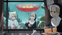 Rule 34 | 4girls, bird, blonde hair, blue eyes, brown eyes, brown hair, cat, chicken, clumsy nun (diva), commentary, diva (hyxpk), duck, duckling, english commentary, flower, frog, froggy nun (diva), habit, hair flower, hair ornament, hairpin, highres, holding, holding tray, little nuns (diva), mole, mole on cheek, multiple girls, note, nun, outdoors, rain, raincoat, red umbrella, spicy nun (diva), strict nun (diva), tongue, tongue out, traditional nun, tray, umbrella, wet, wet hair, yellow eyes