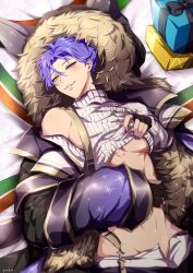 Rule 34 | 1boy, animal ears, bed, bed sheet, blush, box, christmas, christmas present, clothes lift, coat, fingerless gloves, fur trim, gift, gift box, gloves, hand on own stomach, heterochromia, highres, kuya (nu carnival), light blush, looking at viewer, lying, male focus, mole, mole under eye, nail polish, nu carnival, on back, on bed, parted lips, pectorals, purple eyes, purple hair, ribbon, shirt lift, short hair, smile, smug, sweater, teeth, turtleneck, turtleneck sweater, winter, winter clothes, winter coat, yadome810, yellow eyes