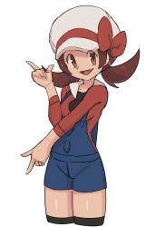 Rule 34 | 1girl, :d, absurdres, blue overalls, breasts, brown eyes, brown hair, cabbie hat, creatures (company), game freak, hat, hat ribbon, highres, long hair, looking at viewer, lyra (pokemon), nintendo, nyonn24, open mouth, overalls, pokemon, pokemon hgss, ribbon, simple background, smile, solo, thighhighs, twintails, white background