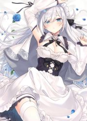 Rule 34 | 1girl, apron, arm up, armpits, azuuru, bad id, bad twitter id, blue eyes, blue hair, blush, breasts, choker, cleavage, corset, detached sleeves, dress, earrings, frills, garter straps, gradient hair, hand up, highres, jewelry, key, key necklace, lying, maid, maid headdress, medium breasts, multicolored hair, necklace, on back, original, parted lips, petals, sidelocks, silver hair, star (symbol), star earrings, strapless, strapless dress, thighhighs, veil, waist apron, white thighhighs