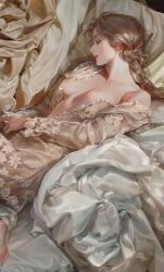 Rule 34 | 1girl, absurdres, barefoot, blush, bm94199, breasts, brown dress, brown hair, closed eyes, collarbone, dress, from side, head tilt, highres, long hair, lying, medium breasts, off shoulder, on bed, original, parted lips, photo-referenced, pillow, sleeping, soles, solo