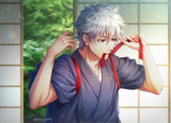 Rule 34 | 1boy, black kimono, closed mouth, commentary request, day, gintama, hair between eyes, hands up, indoors, japanese clothes, kimono, looking away, male focus, mouth hold, red eyes, red ribbon, ribbon, ribbon in mouth, sakata gintoki, short sleeves, solo, tasuki, tsurumura ichiru, twitter username, upper body, v-shaped eyebrows, white hair