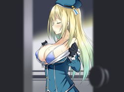Rule 34 | 10s, 1girl, atago (kancolle), bikini, bikini top only, blonde hair, blush, breasts, closed eyes, front-tie top, full-face blush, gloves, hat, kantai collection, large breasts, long hair, open clothes, peeking, personification, purple bikini, sky-freedom, solo, swimsuit, undressing, voyeurism